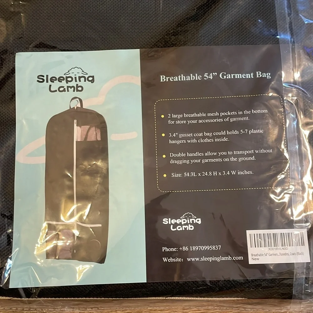 NWT Sleeping Lamb 54'' Breathable Black Gusseted Garment Bag for Travel